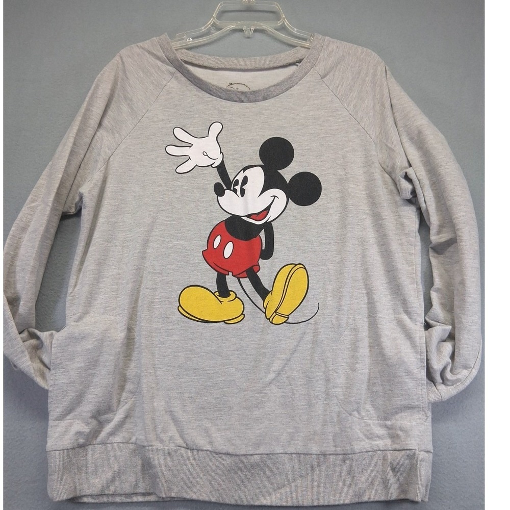 Disney Mickey Mouse Sweatshirt Womens XXL Gray Graphic Raglan Pullover‎ Pockets